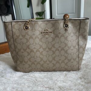 Coach Tote with Khaki Signature Canvas and Chalk Trim